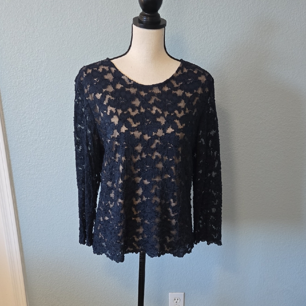 COLDWATER CREEK Navy Laced Cream Lined Long Sleeve Top Scalloped Hem Sz XL